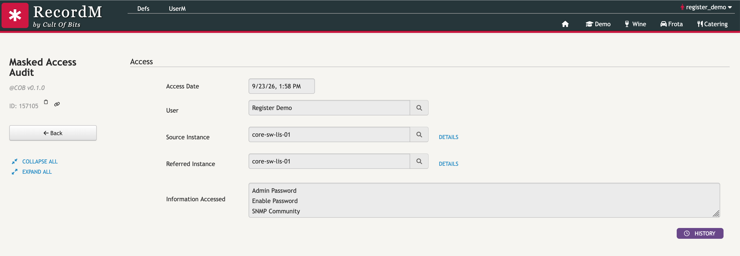 Masked Access Audit instance registering a reveal