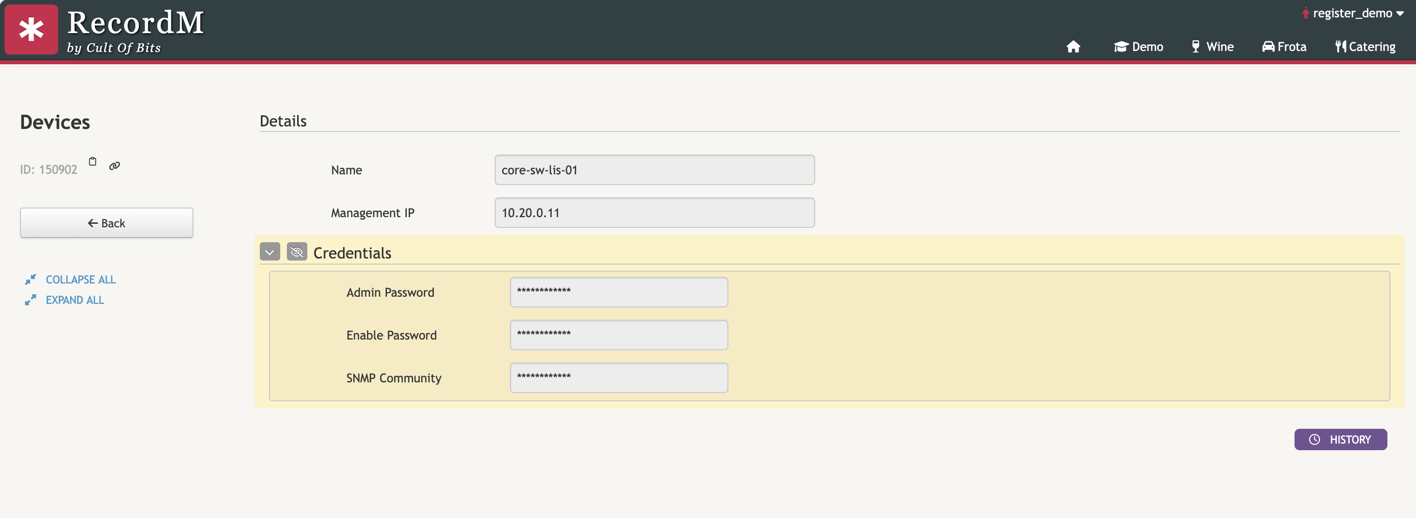 Device instance showing the secured fields
